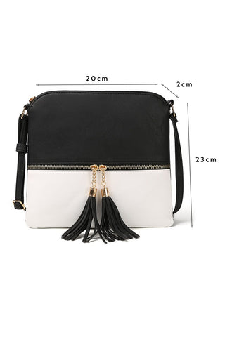Black Tasseled Decor Color Block Pleathered Shoulder Bag