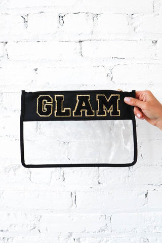 Black GLAM Chenille Embroidered Clear Zipper Makeup Bag