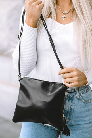 Black Tasseled Decor Color Block Pleathered Shoulder Bag